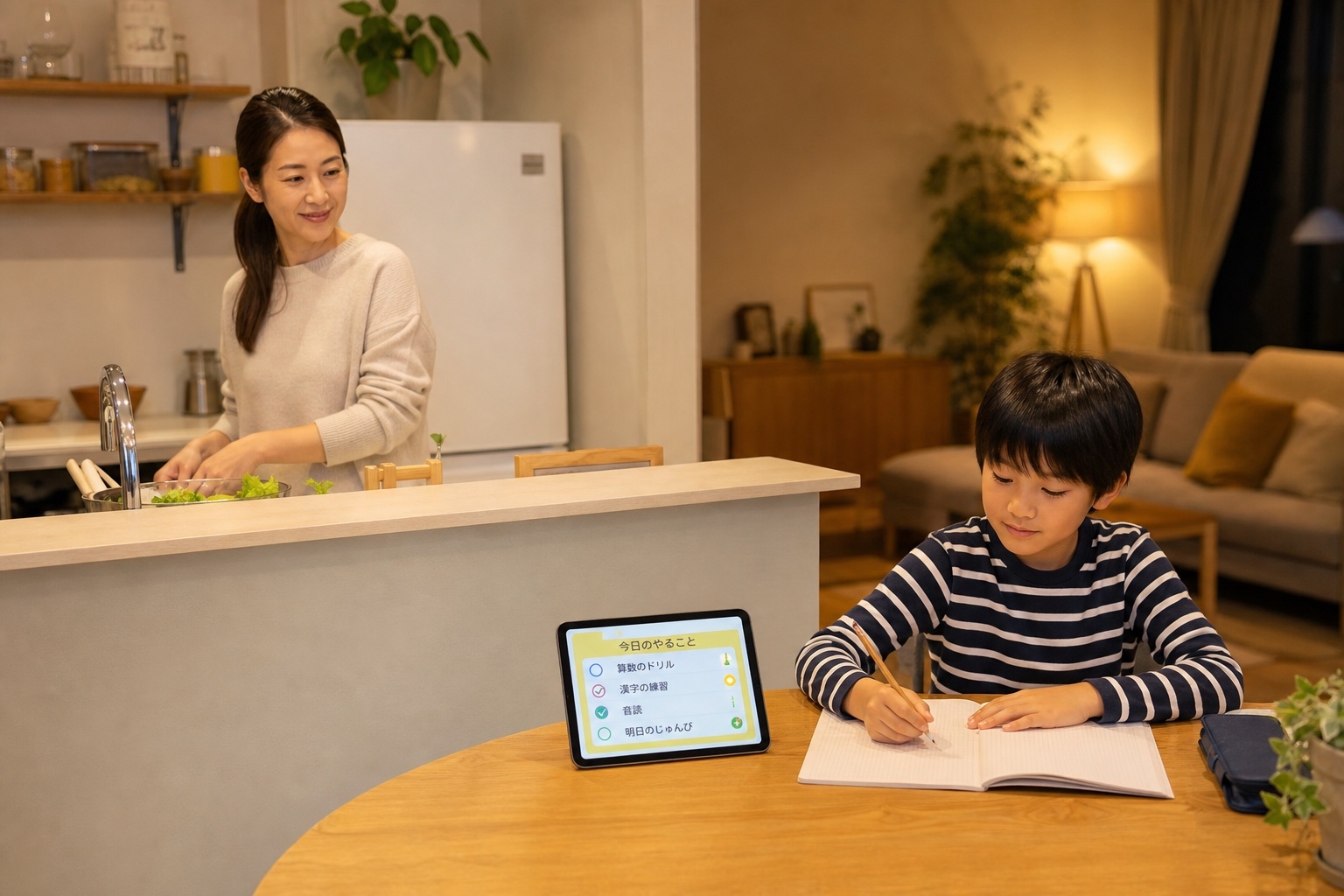 スマホとタブレットでアプリを使いながら穏やかに学習する親子