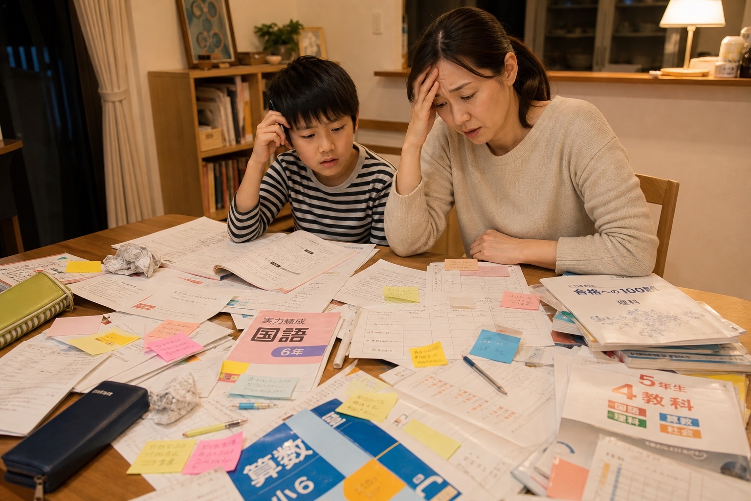 テキストと付箋が散乱した机で頭を抱える親子