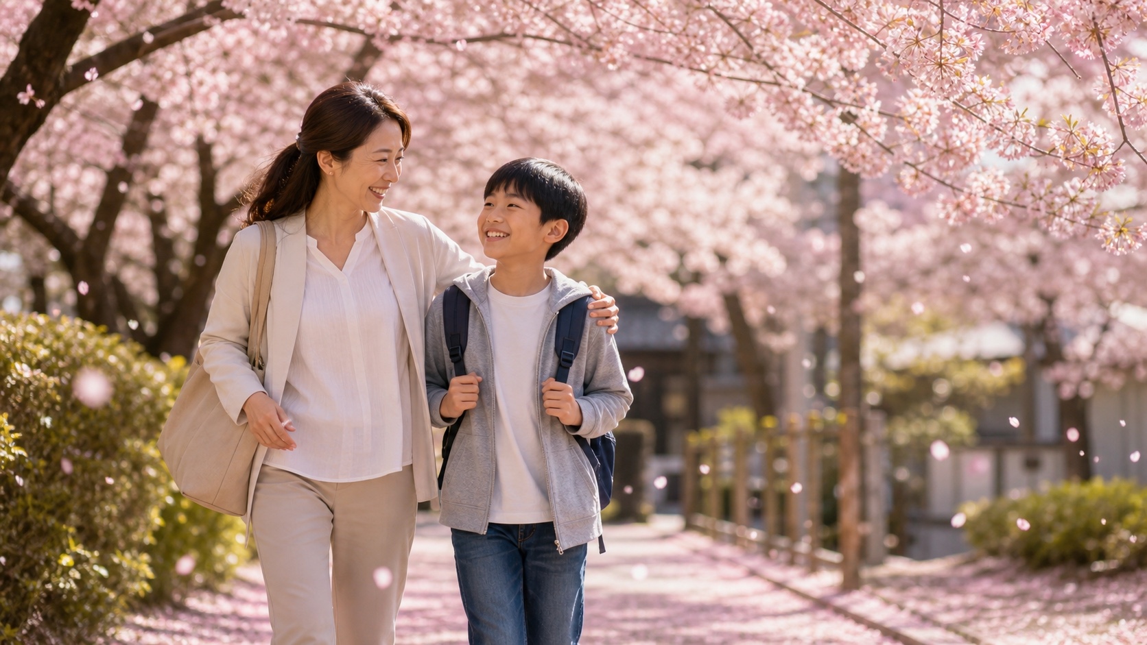 桜並木を歩く親子